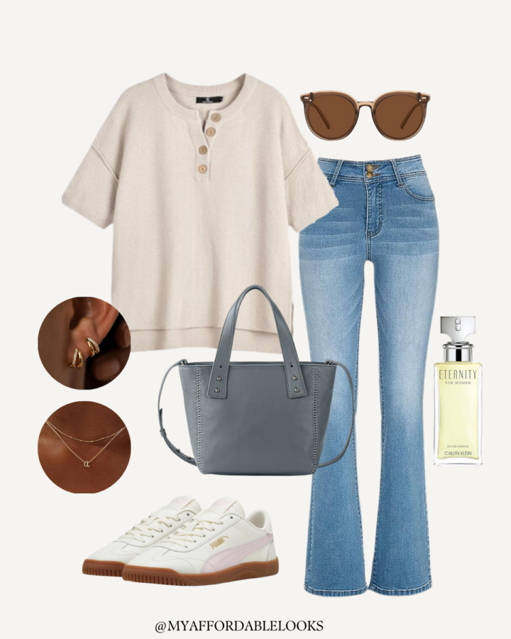 flare jeans outfit idea neutral